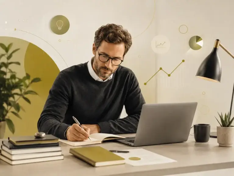 Professional werkt geconcentreerd aan analyses, notities en nieuwe inzichten voor ondernemerschap.