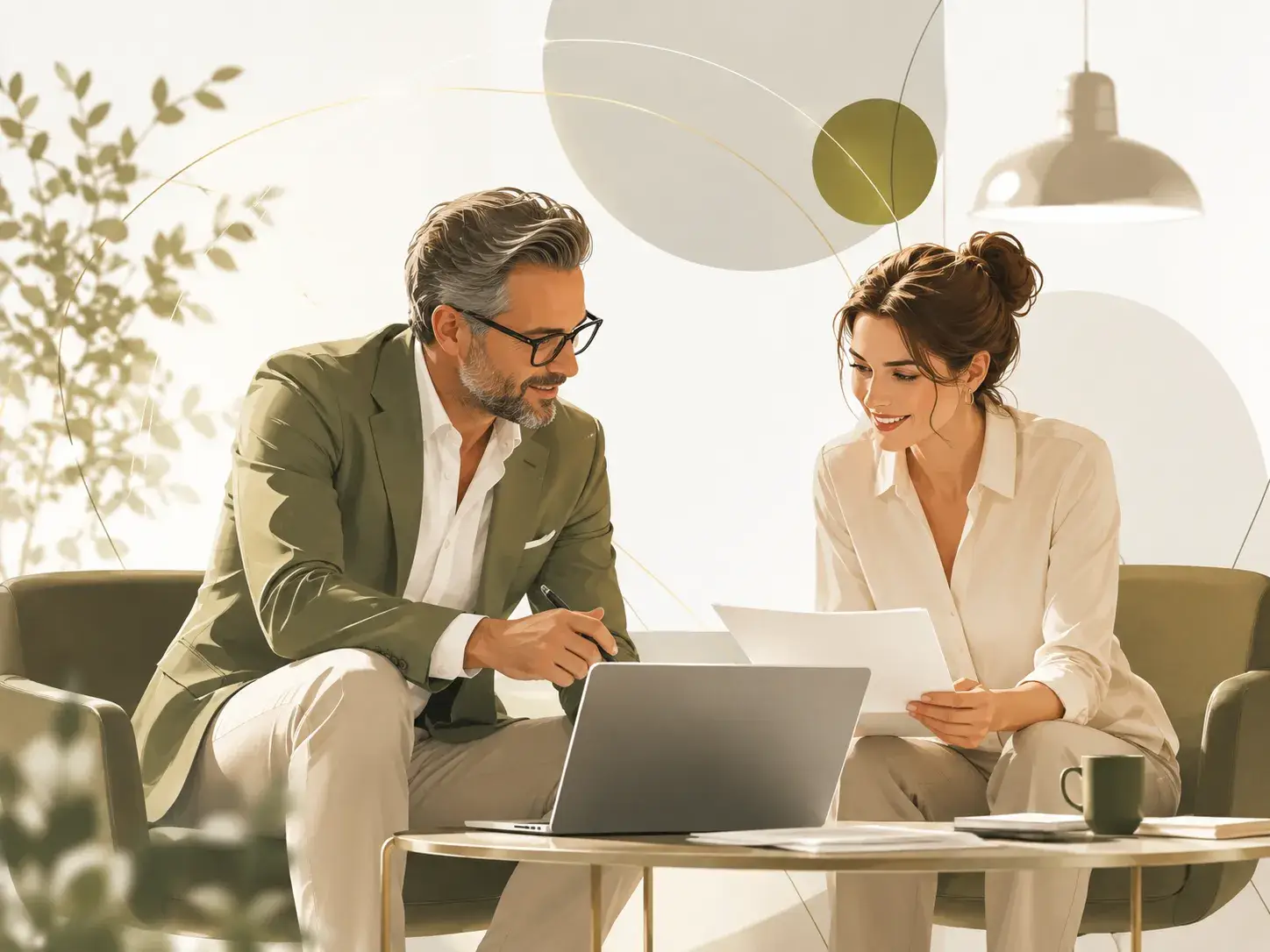 Twee professionals bekijken samen documenten en een laptop tijdens een adviesgesprek bij Vanzelf Advies.