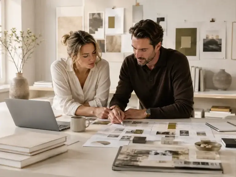 Twee professionals ontwikkelen samen ideeën en strategieën met aandacht voor kennis, visie en inspiratie.